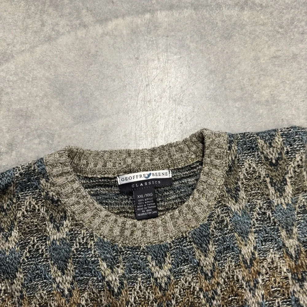 Vintage Men's Brown Sweater Acrylic Geometric Knit Earthtone Crewneck XXL